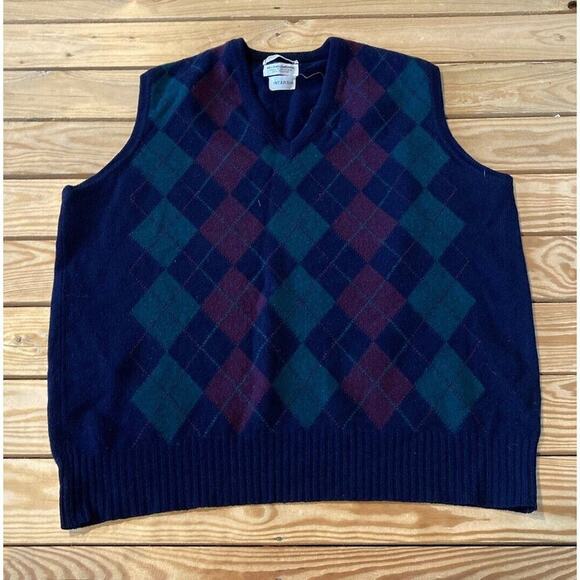 Paul Stuart Argyle Scotland Lambs Wool V Neck Intarsia Vest Sweater XL Mens Navy - Picture 1 of 6